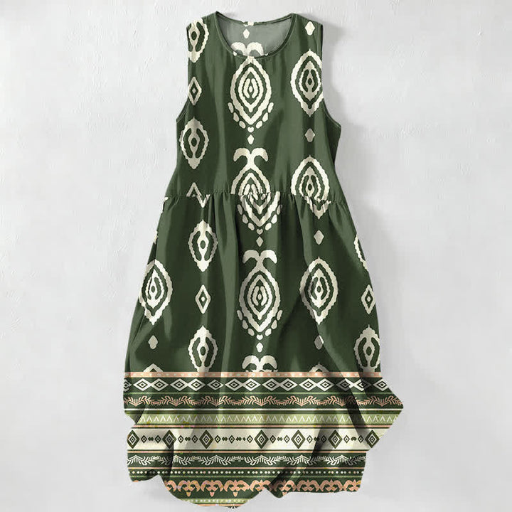 Buddha Stones Robe midi d'été décontractée pour femme, à motif géométrique tribal et bordures, sans manches et poches. - Vert olive foncé - US16，UK/AU20，EU48 (3XL) - image 0