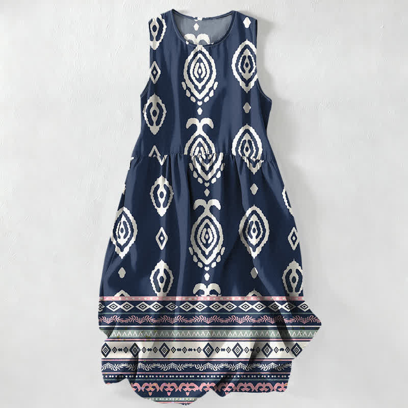 Buddha Stones Robe midi d'été décontractée pour femme, à motif géométrique tribal et bordures, sans manches et poches. - Marine - US16，UK/AU20，EU48 (3XL) - image 4