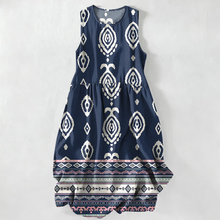 Buddha Stones Robe midi d'été décontractée pour femme, à motif géométrique tribal et bordures, sans manches et poches. - Marine - US16，UK/AU20，EU48 (3XL) - image 4