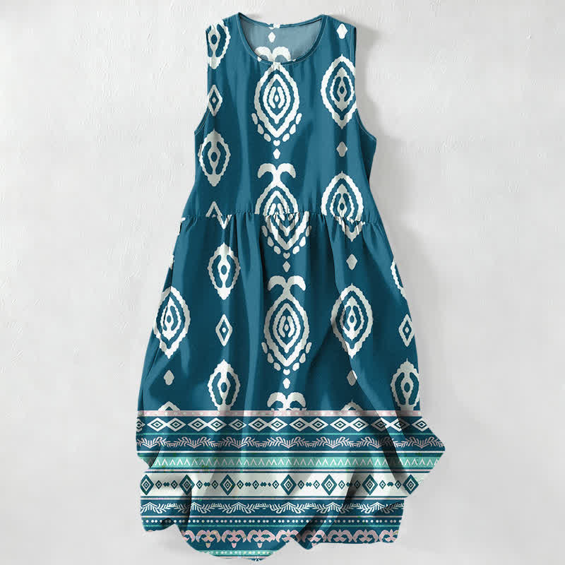 Buddha Stones Robe midi d'été décontractée pour femme, à motif géométrique tribal et bordures, sans manches et poches. - Sarcelle - US16，UK/AU20，EU48 (3XL) - image 5