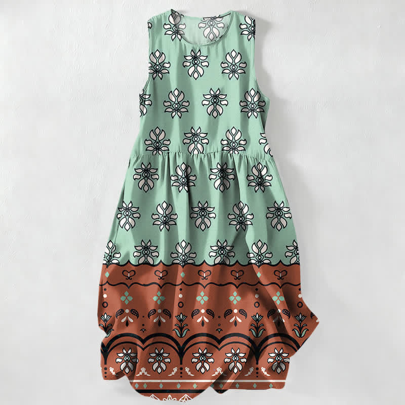 Buddha Stones Robe midi d'été décontractée pour femme, sans manches, à bordure florale menthe, avec poches - Bleu vert - US16，UK/AU20，EU48 (3XL) - image 4