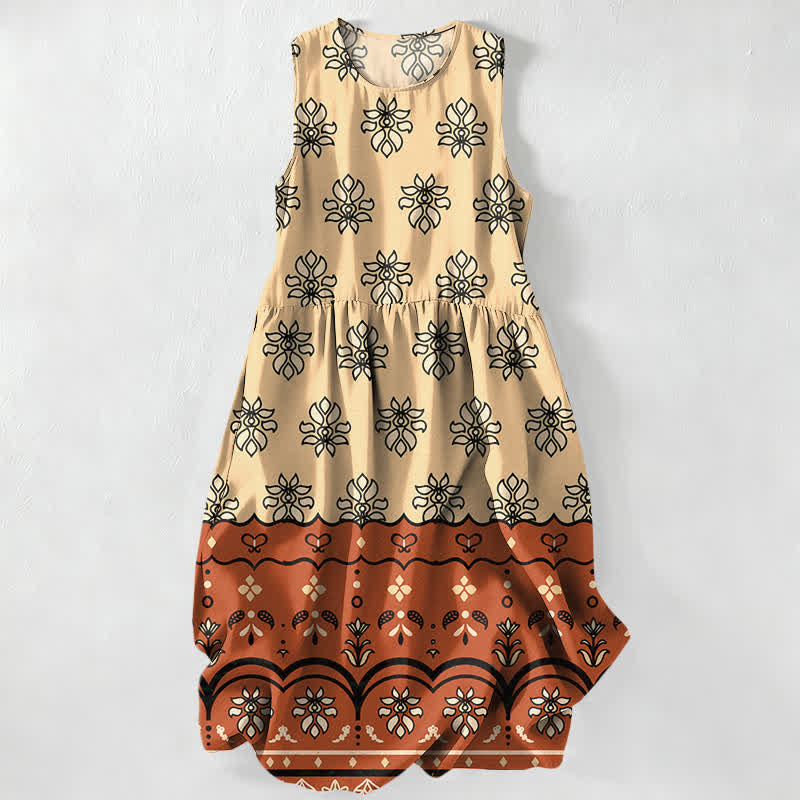 Buddha Stones Robe midi d'été décontractée pour femme, sans manches, à bordure florale menthe, avec poches - Mocassin - US16，UK/AU20，EU48 (3XL) - image 5
