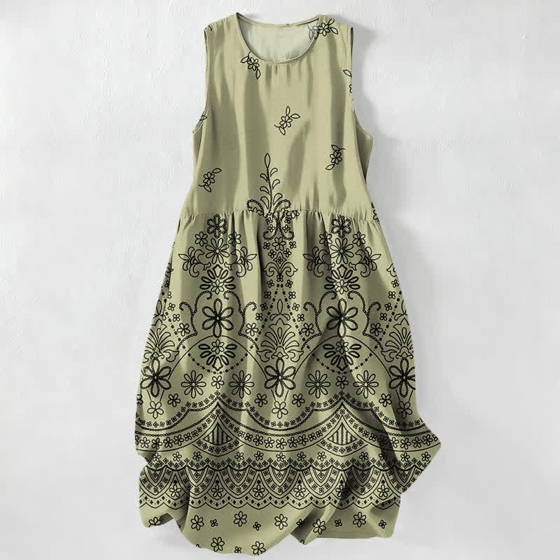 Buddha Stones Robe midi d'été décontractée à motif floral bohème et sans manches avec poches pour femme - Olive - US16，UK/AU20，EU48 (3XL) - image 0