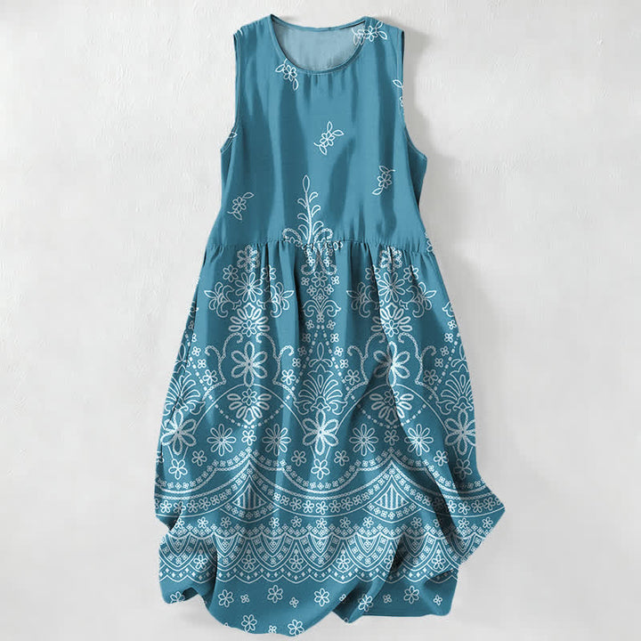 Buddha Stones Robe midi d'été décontractée à motif floral bohème et sans manches avec poches pour femme - Turquoise - US16，UK/AU20，EU48 (3XL) - image 5