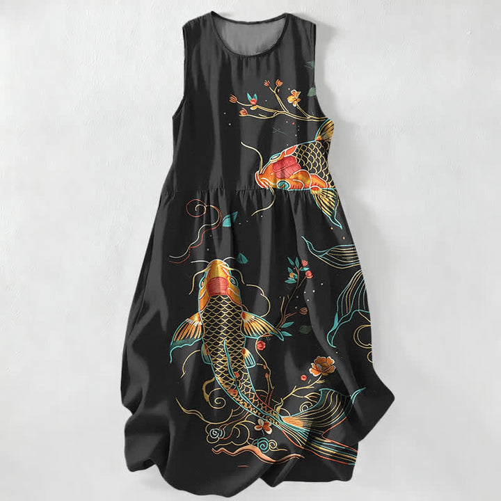 Buddha Stones Robe midi d'été décontractée pour femme, à motif floral ondulé et carpes koï, avec poches - Noir - US16，UK/AU20，EU48 (3XL) - image 0