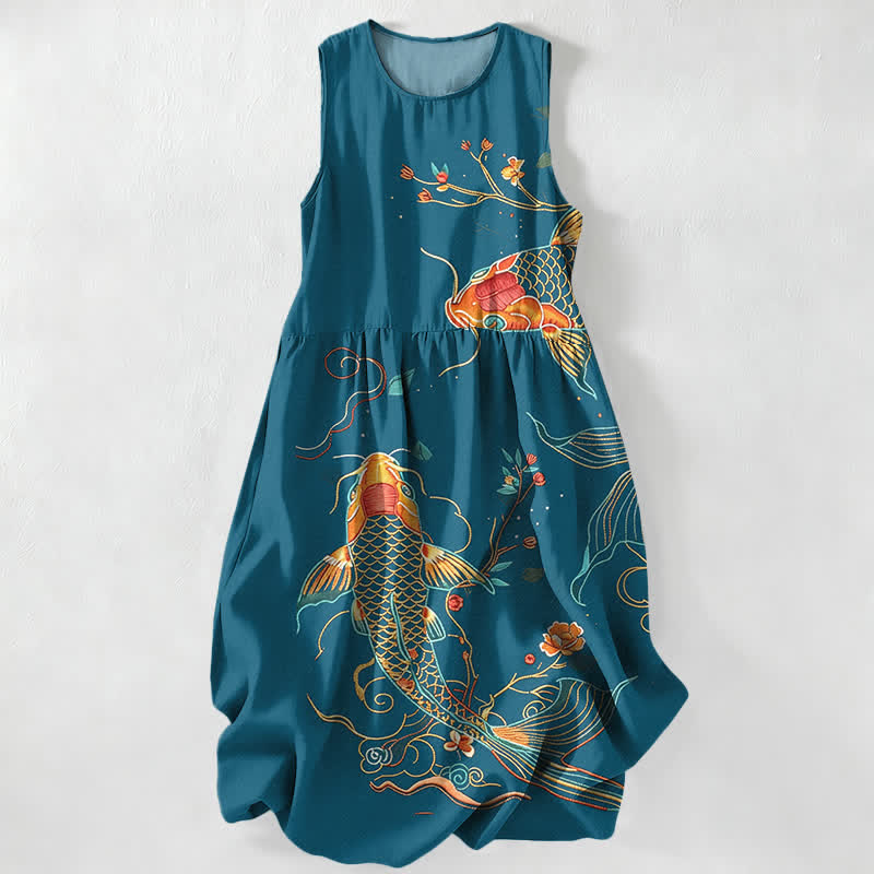 Buddha Stones Robe midi d'été décontractée pour femme, à motif floral ondulé et carpes koï, avec poches - Sarcelle - US16，UK/AU20，EU48 (3XL) - image 4