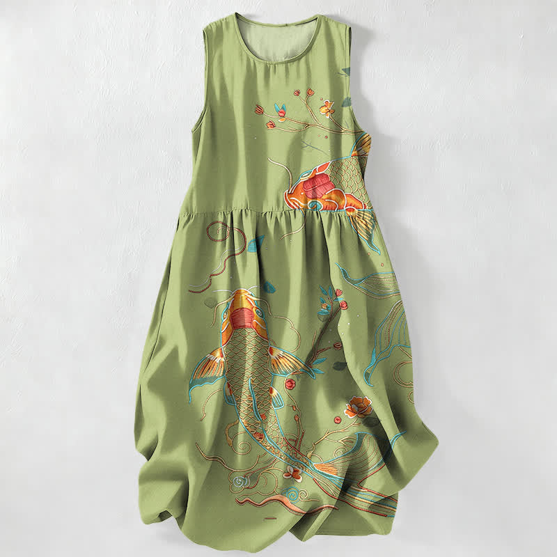 Buddha Stones Robe midi d'été décontractée pour femme, à motif floral ondulé et carpes koï, avec poches - Vert olive - US16，UK/AU20，EU48 (3XL) - image 5