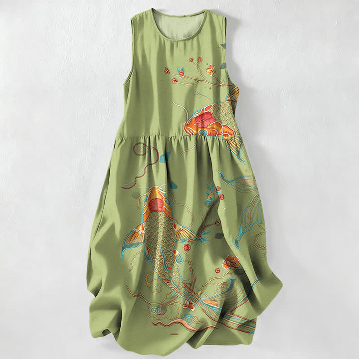 Buddha Stones Robe midi d'été décontractée pour femme, à motif floral ondulé et carpes koï, avec poches - Vert olive - US16，UK/AU20，EU48 (3XL) - image 5
