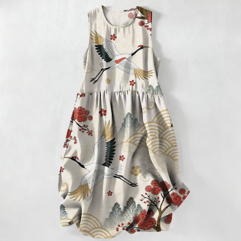 Buddha Stones Robe midi d'été décontractée pour femme, motif grue et fleurs de prunier, sans manches et avec poches - Ivoire - US16，UK/AU20，EU48 (3XL) - image 0