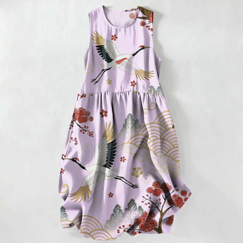 Buddha Stones Robe midi d'été décontractée pour femme, motif grue et fleurs de prunier, sans manches et avec poches - Lavande - US16，UK/AU20，EU48 (3XL) - image 4