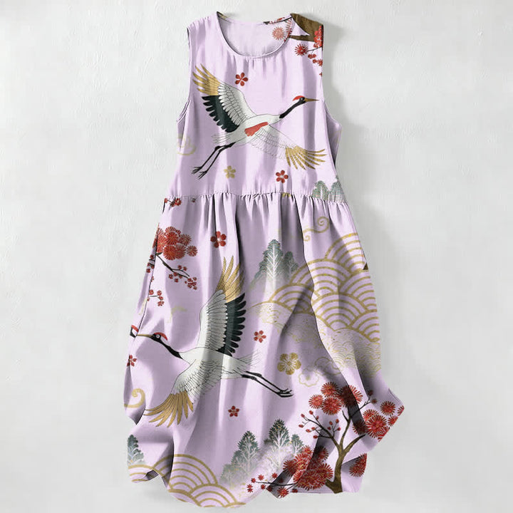 Buddha Stones Robe midi d'été décontractée pour femme, motif grue et fleurs de prunier, sans manches et avec poches - Lavande - US16，UK/AU20，EU48 (3XL) - image 4