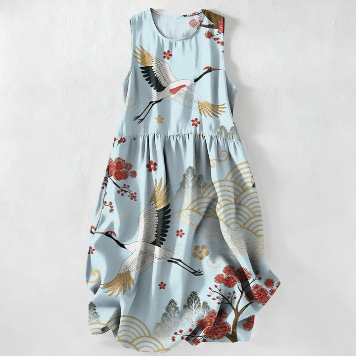 Buddha Stones Robe midi d'été décontractée pour femme, motif grue et fleurs de prunier, sans manches et avec poches - Bleu poudré - US16，UK/AU20，EU48 (3XL) - image 5