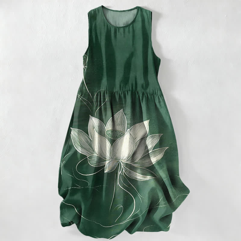 Buddha Stones Robe midi d'été décontractée pour femme, à motif lotus fleuri, sans manches et avec poches - Vert forêt - US16，UK/AU20，EU48 (3XL) - image 0