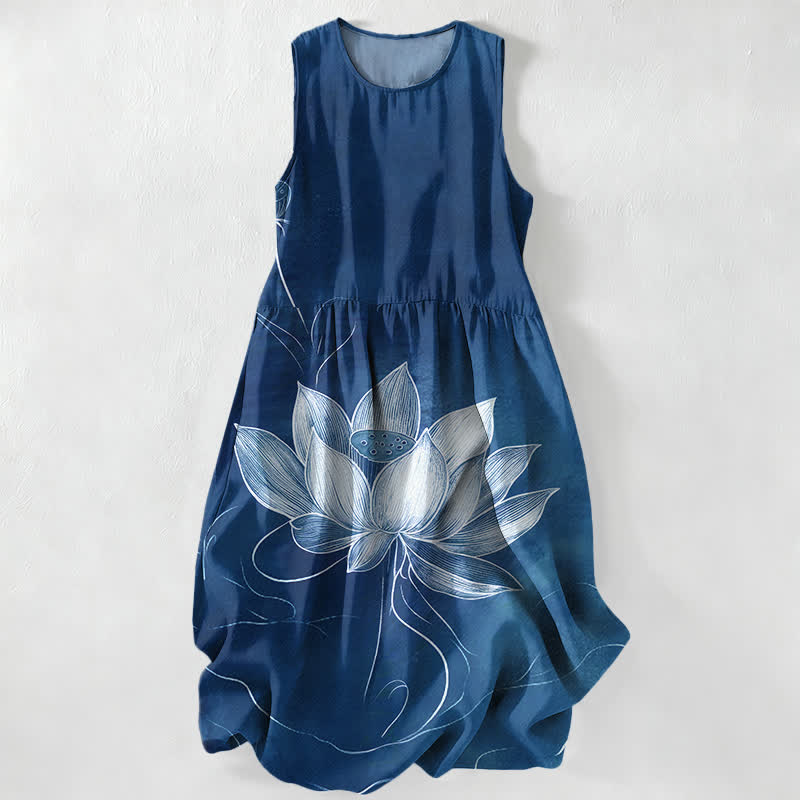 Buddha Stones Robe midi d'été décontractée pour femme, à motif lotus fleuri, sans manches et avec poches - Marine - US16，UK/AU20，EU48 (3XL) - image 4