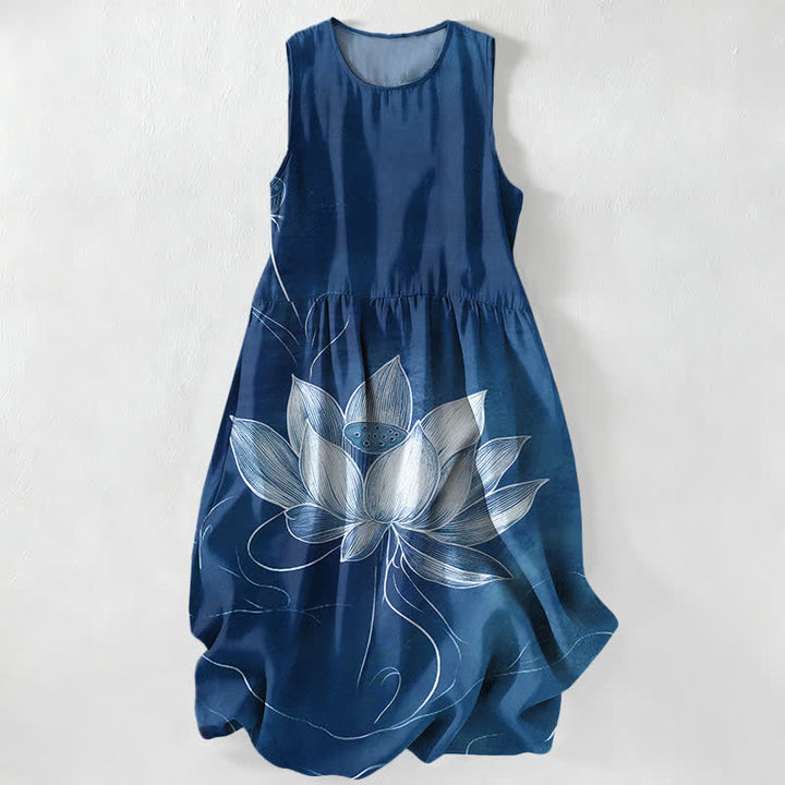 Buddha Stones Robe midi d'été décontractée pour femme, à motif lotus fleuri, sans manches et avec poches - Marine - US16，UK/AU20，EU48 (3XL) - image 4