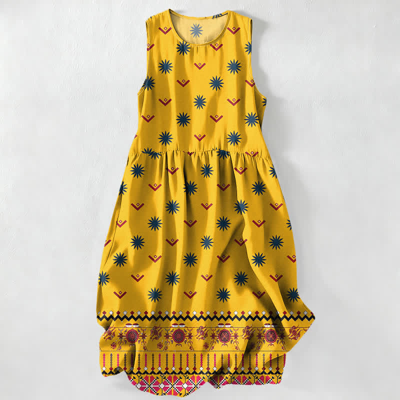 Buddha Stones Robe midi d'été décontractée bohème à motif floral et géométrique pour femme, sans manches et avec poches - Or - US16，UK/AU20，EU48 (3XL) - image 0
