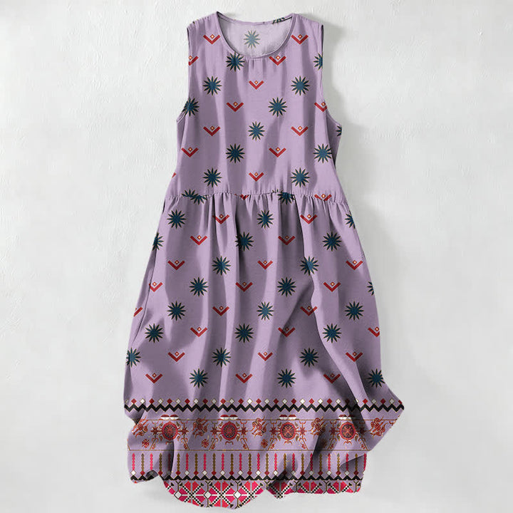 Buddha Stones Robe midi d'été décontractée bohème à motif floral et géométrique pour femme, sans manches et avec poches - Lavande - US16，UK/AU20，EU48 (3XL) - image 4