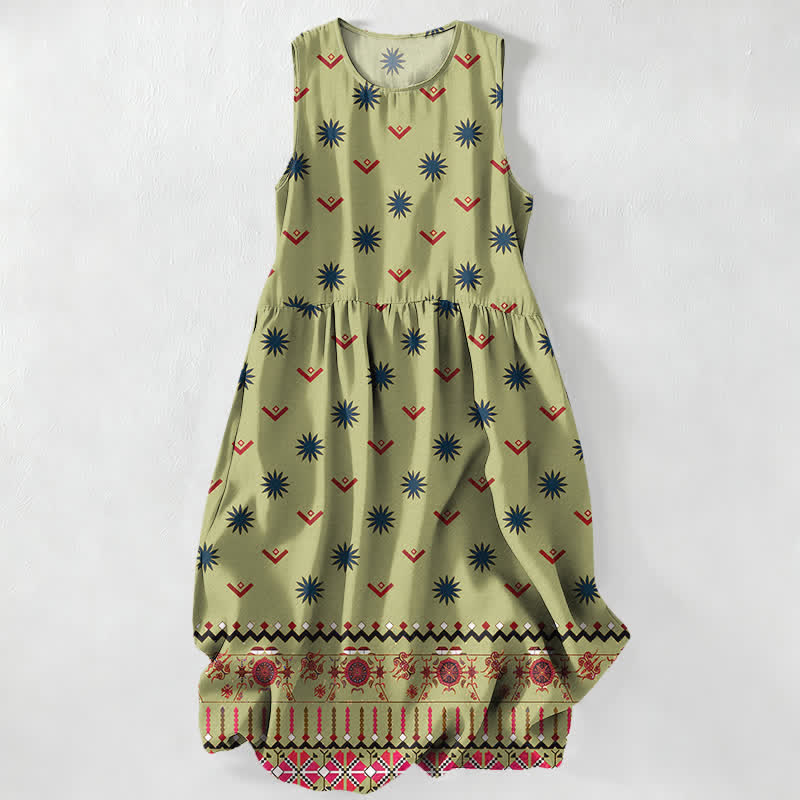 Buddha Stones Robe midi d'été décontractée bohème à motif floral et géométrique pour femme, sans manches et avec poches - Vert clair - US16，UK/AU20，EU48 (3XL) - image 5