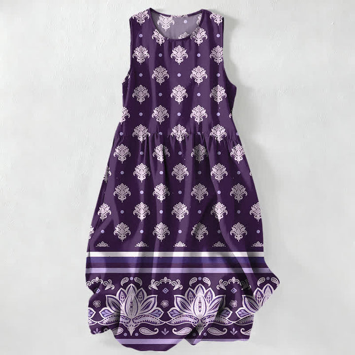 Buddha Stones Robe midi d'été décontractée pour femme, sans manches, à bordure de lotus et à motifs floraux, avec poches - Violet - US16，UK/AU20，EU48 (3XL) - image 4