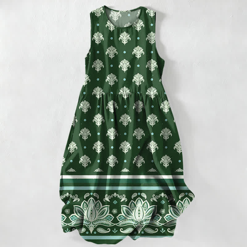 Buddha Stones Robe midi d'été décontractée pour femme, sans manches, à bordure de lotus et à motifs floraux, avec poches - Vert forêt - US16，UK/AU20，EU48 (3XL) - image 5