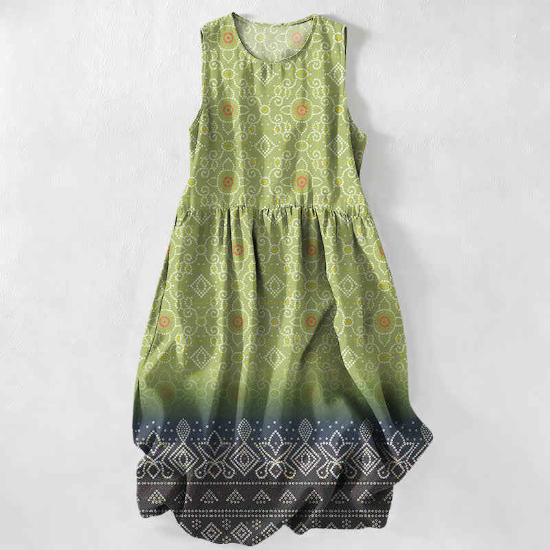 Buddha Stones Robe midi d'été décontractée bohème à motif floral géométrique pour femme, sans manches et avec poches - Vert clair - US16，UK/AU20，EU48 (3XL) - image 0