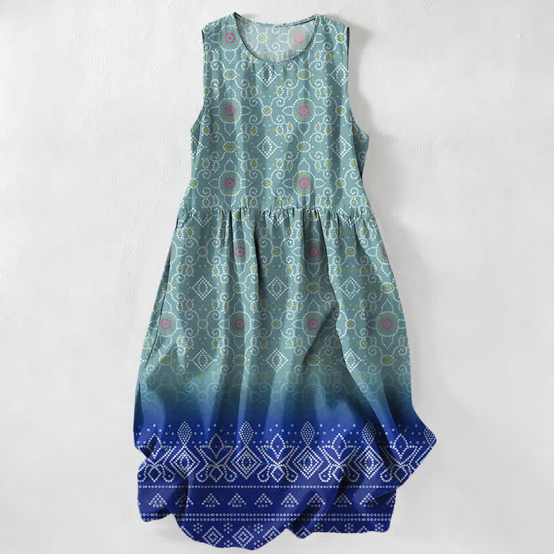 Buddha Stones Robe midi d'été décontractée bohème à motif floral géométrique pour femme, sans manches et avec poches - Turquoise - US16，UK/AU20，EU48 (3XL) - image 5