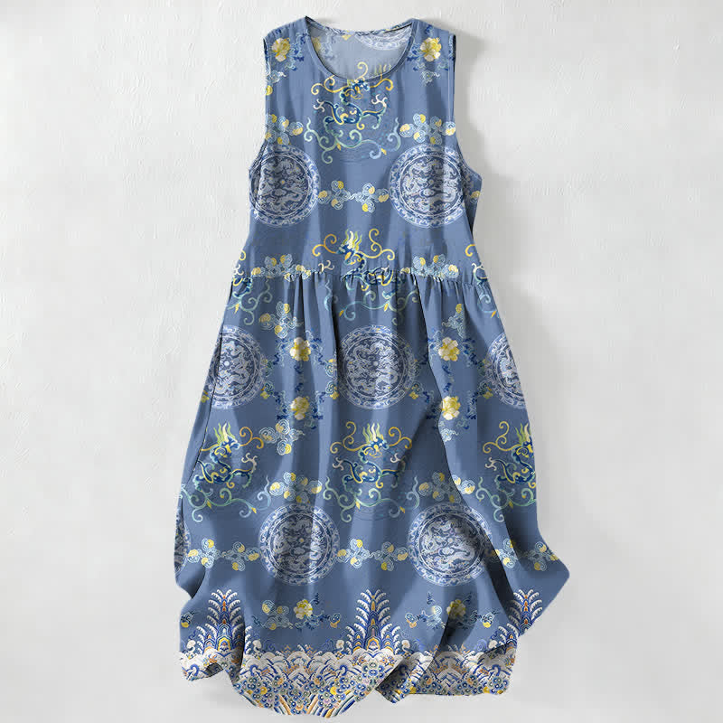 Buddha Stones Robe midi d'été décontractée et vintage à motif floral vintage avec médaillons et feuilles, sans manches et avec poches. - SteelBlue - US16，UK/AU20，EU48 (3XL) - image 0