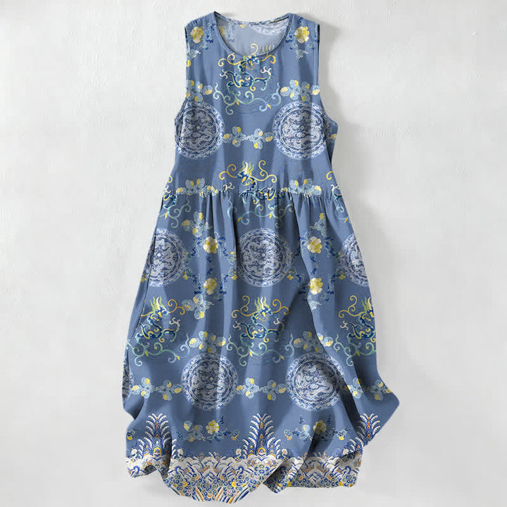 Buddha Stones Robe midi d'été décontractée et vintage à motif floral vintage avec médaillons et feuilles, sans manches et avec poches. - SteelBlue - US16，UK/AU20，EU48 (3XL) - image 0