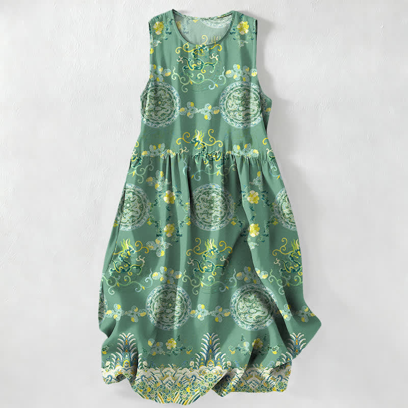 Buddha Stones Robe midi d'été décontractée et vintage à motif floral vintage avec médaillons et feuilles, sans manches et avec poches. - Vert mer moyen - US16，UK/AU20，EU48 (3XL) - image 4