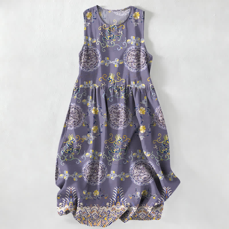 Buddha Stones Robe midi d'été décontractée et vintage à motif floral vintage avec médaillons et feuilles, sans manches et avec poches. - Chardon - US16，UK/AU20，EU48 (3XL) - image 5
