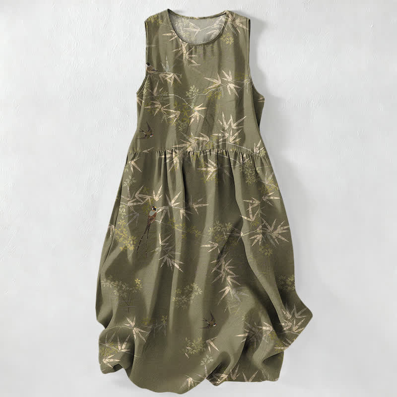Buddha Stones Robe midi d'été décontractée pour femme, sans manches, à motif de feuilles de bambou et poches - Vert olive - US16，UK/AU20，EU48 (3XL) - image 0