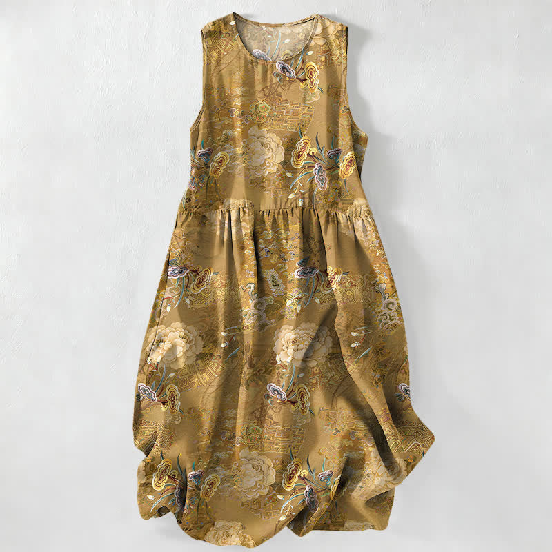 Buddha Stones Robe midi d'été décontractée pour femme, à motif floral cachemire vintage et sans manches, avec poches - DarkGoldenrod - US16，UK/AU20，EU48 (3XL) - image 0
