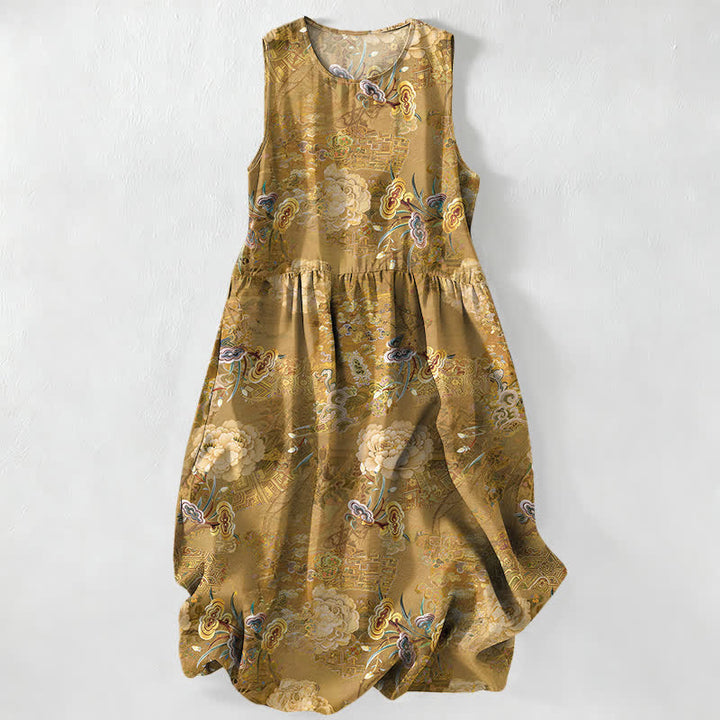 Buddha Stones Robe midi d'été décontractée pour femme, à motif floral cachemire vintage et sans manches, avec poches - DarkGoldenrod - US16，UK/AU20，EU48 (3XL) - image 0