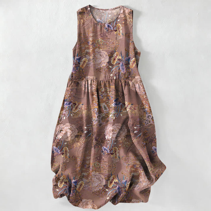 Buddha Stones Robe midi d'été décontractée pour femme, à motif floral cachemire vintage et sans manches, avec poches - Pérou - US16，UK/AU20，EU48 (3XL) - image 4