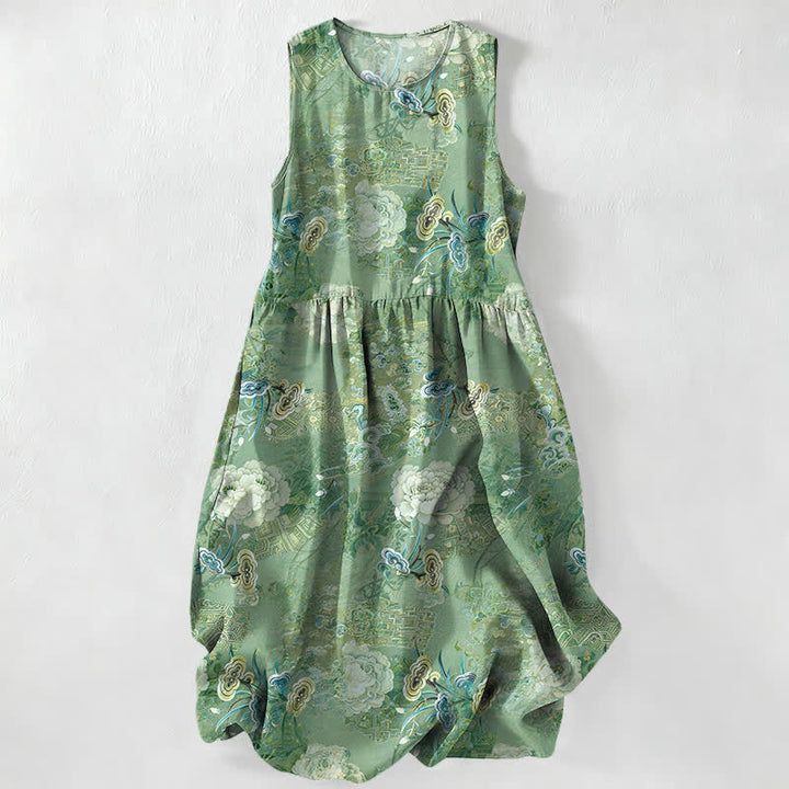 Buddha Stones Robe midi d'été décontractée pour femme, à motif floral cachemire vintage et sans manches, avec poches - Vert mer moyen - US16，UK/AU20，EU48 (3XL) - image 5