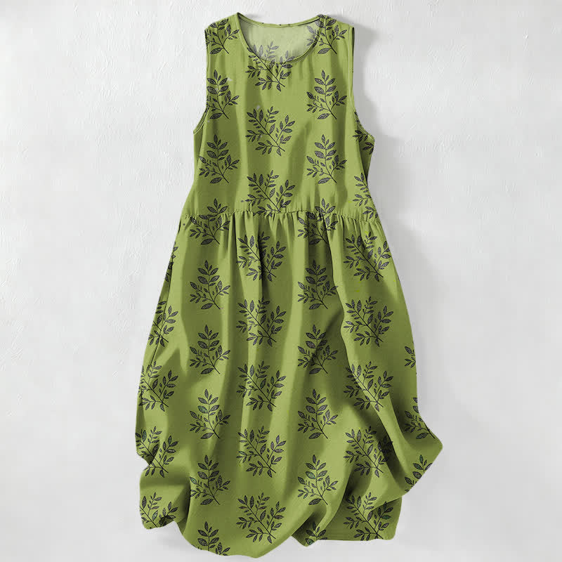 Buddha Stones Robe midi d'été décontractée pour femme, à motif botanique de feuilles, sans manches et avec poches - Vert olive - US16，UK/AU20，EU48 (3XL) - image 0
