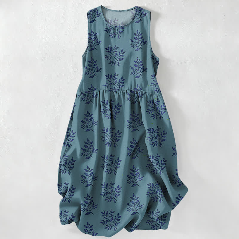 Buddha Stones Robe midi d'été décontractée pour femme, à motif botanique de feuilles, sans manches et avec poches - CadetBlue - US16，UK/AU20，EU48 (3XL) - image 4