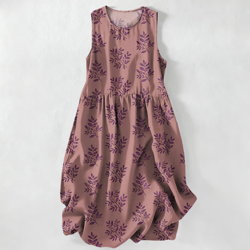 Buddha Stones Robe midi d'été décontractée pour femme, à motif botanique de feuilles, sans manches et avec poches - Rouge violet pâle - US16，UK/AU20，EU48 (3XL) - image 5
