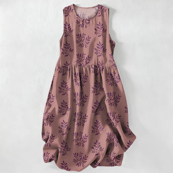 Buddha Stones Robe midi d'été décontractée pour femme, à motif botanique de feuilles, sans manches et avec poches - Rouge violet pâle - US16，UK/AU20，EU48 (3XL) - image 5