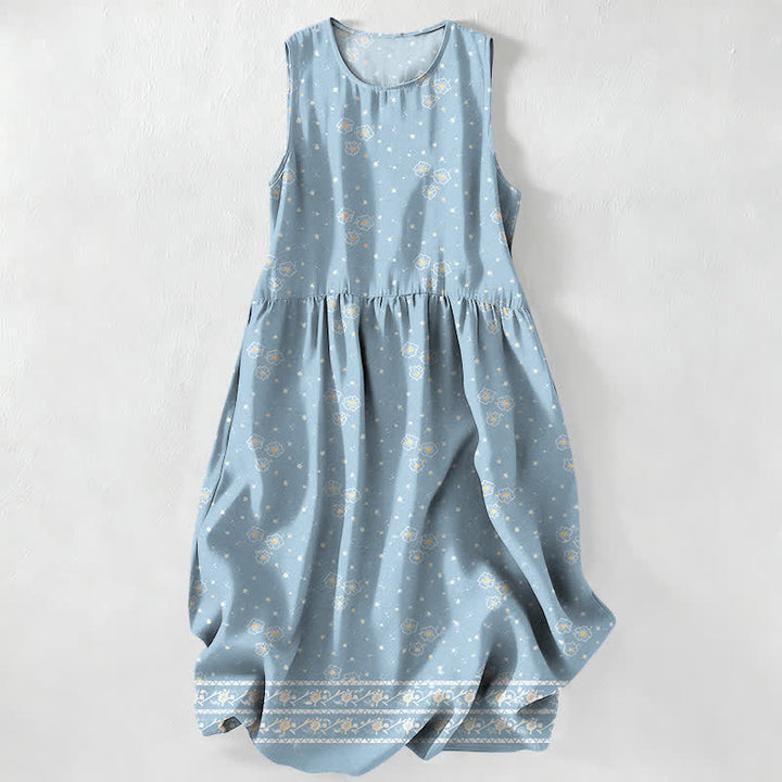 Buddha Stones Robe midi d'été décontractée pour femme, à petits pois et imprimé floral, sans manches, avec poches - Bleu clair - US16，UK/AU20，EU48 (3XL) - image 4