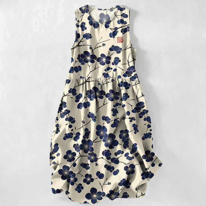 Buddha Stones Robe midi d'été décontractée pour femme, indigo, à motif floral et feuilles, sans manches et avec poches - Ivoire - US16，UK/AU20，EU48 (3XL) - image 0
