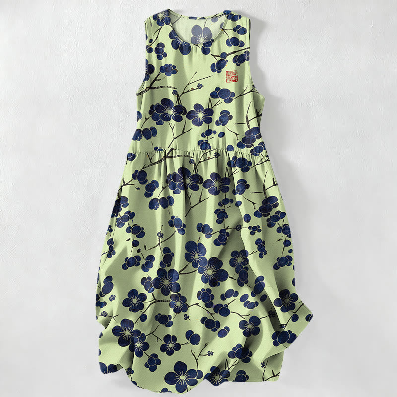 Buddha Stones Robe midi d'été décontractée pour femme, indigo, à motif floral et feuilles, sans manches et avec poches - Vert clair - US16，UK/AU20，EU48 (3XL) - image 4
