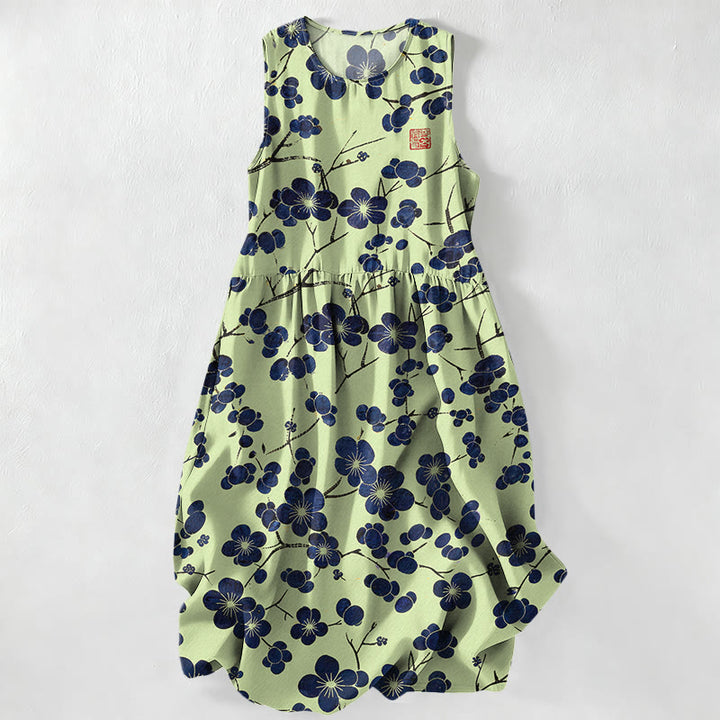Buddha Stones Robe midi d'été décontractée pour femme, indigo, à motif floral et feuilles, sans manches et avec poches - Vert clair - US16，UK/AU20，EU48 (3XL) - image 4