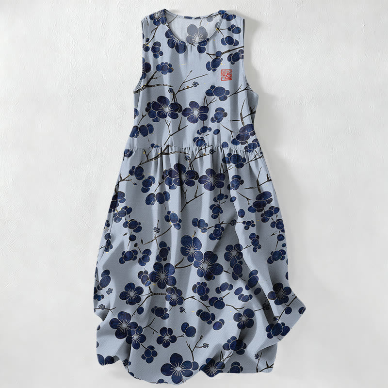 Buddha Stones Robe midi d'été décontractée pour femme, indigo, à motif floral et feuilles, sans manches et avec poches - Bleu poudré - US16，UK/AU20，EU48 (3XL) - image 5