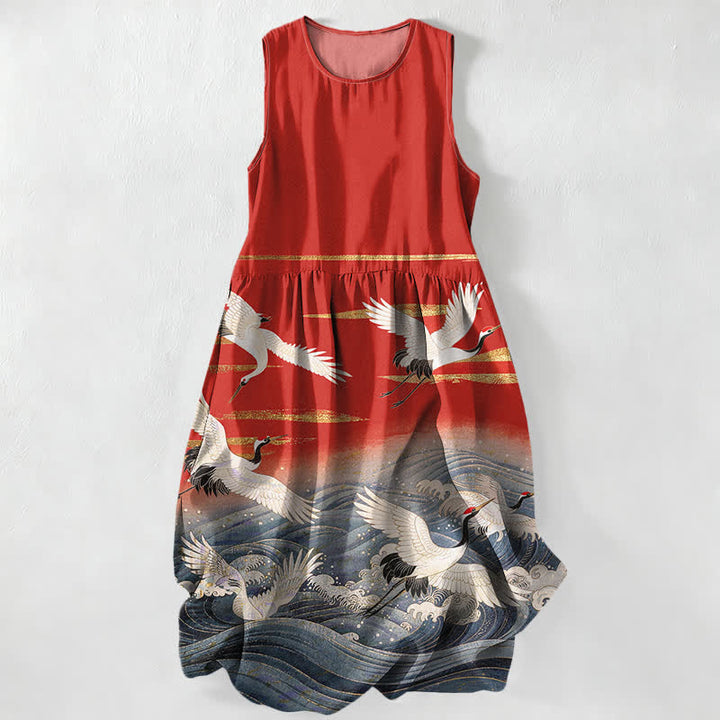Buddha Stones Robe midi d'été décontractée pour femme, sans manches, à motif de vagues et de grues, avec poches - Rouge - US16，UK/AU20，EU48 (3XL) - image 0