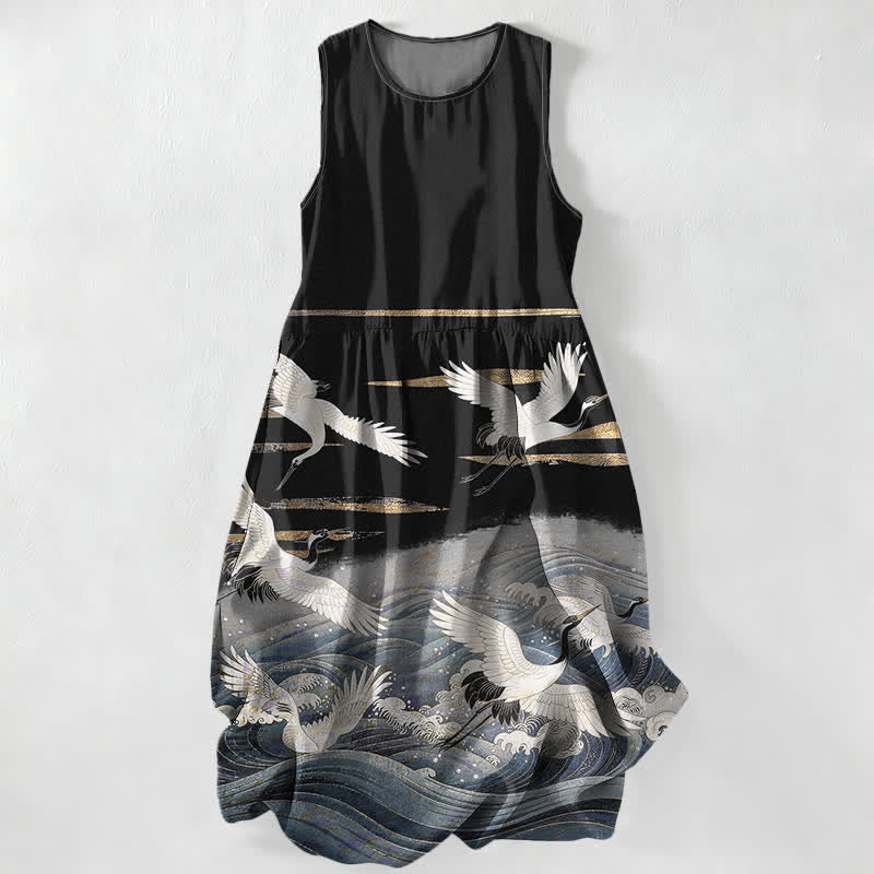 Buddha Stones Robe midi d'été décontractée pour femme, sans manches, à motif de vagues et de grues, avec poches - Noir - US16，UK/AU20，EU48 (3XL) - image 5