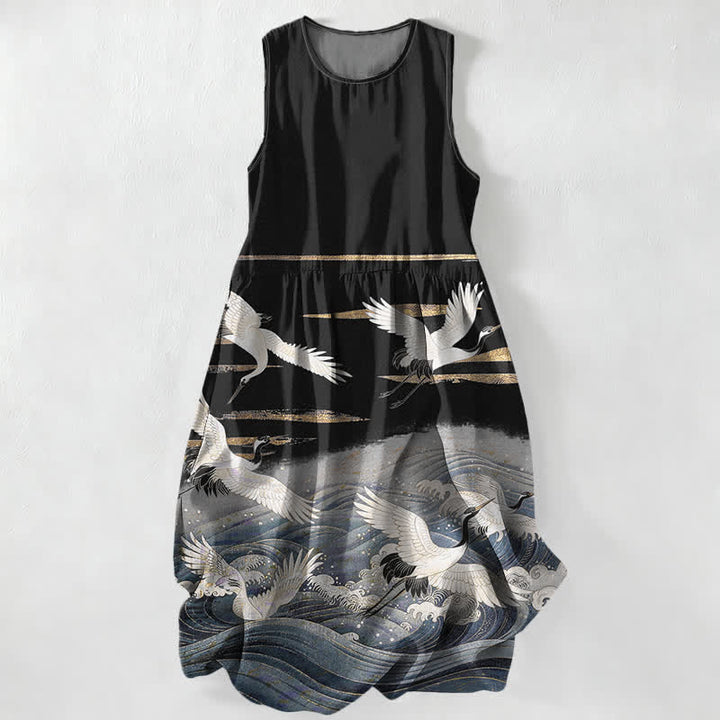 Buddha Stones Robe midi d'été décontractée pour femme, sans manches, à motif de vagues et de grues, avec poches - Noir - US16，UK/AU20，EU48 (3XL) - image 5