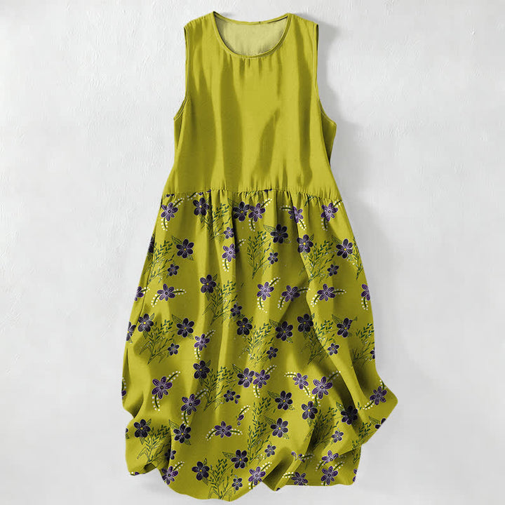 Buddha Stones Robe midi d'été décontractée pour femme, sans manches, à motif floral violet et feuilles, avec poches - JauneVert - US16，UK/AU20，EU48 (3XL) - image 0