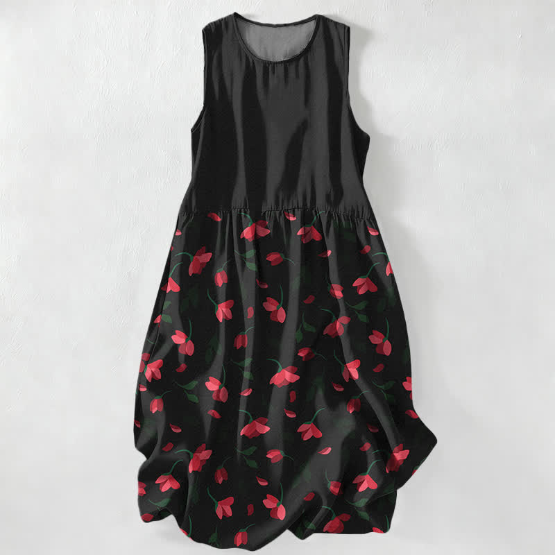 Buddha Stones Robe midi d'été décontractée pour femme, sans manches, à motif floral rouge et poches - Noir - US16，UK/AU20，EU48 (3XL) - image 0