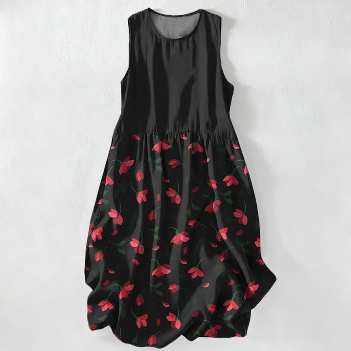 Buddha Stones Robe midi d'été décontractée pour femme, sans manches, à motif floral rouge et poches - Noir - US16，UK/AU20，EU48 (3XL) - image 0